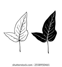 Linear sketch, stamp, silhouette of leaves. Simple botanical elements. Vector graphics.