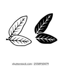 Linear sketch, stamp, silhouette of leaves. Simple botanical elements. Vector graphics.