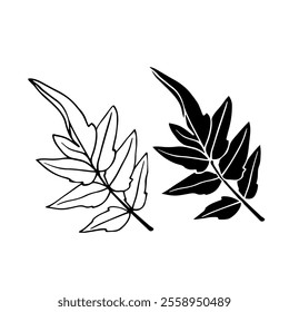 Linear sketch, stamp, silhouette of leaves. Simple botanical elements. Vector graphics.