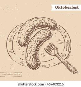 Linear sketch of the tasty sausages on the plate with fork, text Oktoberfest. Hand drawn vector illustration in vintage style with german traditional food wurst on the textured beige paper background.