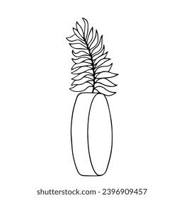 Linear sketch of tropical leaves in a vase.Vector graphics.
