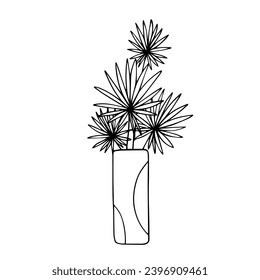 Linear sketch of tropical leaves in a vase.Vector graphics.