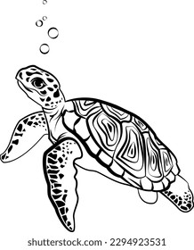 linear sketch of an underwater turtle with water bubbles.Vector illustration of marine fauna.Swimming turtle icon,mascot,emblem.