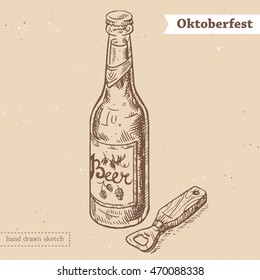 Linear sketch in vintage style of the bottle of beer with the opener and text Oktoberfest. Vector hand drawn illustration on the textured paper background.