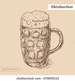 Linear sketch in vintage style of the glass of beer with foam and text Oktoberfest. Vector hand drawn illustration of the mug with fresh beer on the textured paper background.