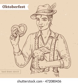 Linear sketch in vintage style of the smiling man with glass of beer,pretzel and text Oktoberfest. Vector hand drawn illustration of the boy in german costume on the textured paper background.