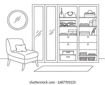 Linear sketch wardrobe. Wardrobe, armchair and different elements of the interior on a white background. Vector illustration