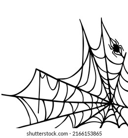 Linear sketch of a web with a spider. Stylized vector graphics.