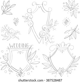 Linear sketch wedding elements for invitation or logo, with leaf and flowers