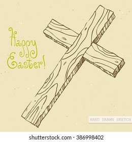 Linear sketch of the wooden easter cross and green text Happy Easter. Hand drawn vintage vector illustration with lettering happy easter on the textured beige paper background.