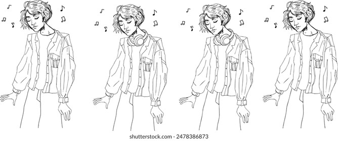 Lineare Skizze junge männliche Hörmusik stilisierte minimalistische Doodle-Zeichnen Junger Mann hört Musik auf Kopfhörern. Eine durchgehende Linie gezeichnet isoliert Typ übergroße Jacke Glockenböden