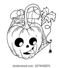 Linear sketch,doodle of a funny pumpkin character with spiders and cobwebs.Vector graphic.