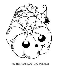 Linear sketch,doodle of a funny pumpkin character with spiders and cobwebs.Vector graphic.