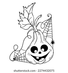 Linear sketch,doodle of a funny pumpkin character with spiders and cobwebs.Vector graphic.
