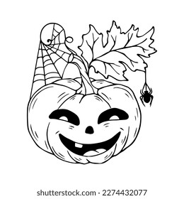 Esbozo lineal,garabato de un personaje de calabaza divertido con arañas y telarañas.Gráfico vectorial.