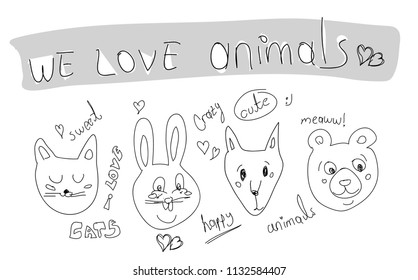 linear sketches of animals for design and decoration of gifts and printing on T-shirts