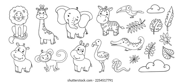 Linear sketches, coloring pages of little cute animals of the African savannah and tropical leaves.Vector graphics.