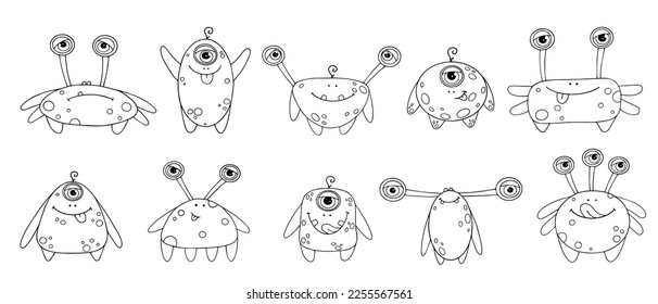 Linear sketches, coloring pages of little cute monsters, mutants. Vector graphics.
