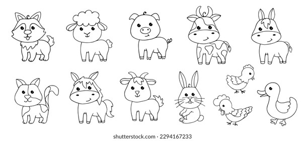 Linear sketches, coloring pages of little cute agriculture farm animals. Vector graphics.