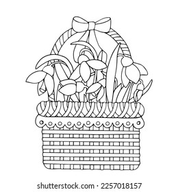 Esbozos lineales, páginas de colores de flores de nevada primaverales en una canasta de mimbre. Gráficos vectoriales.