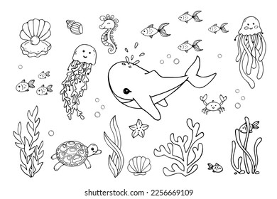 Linear sketches, doodles of funny marine characters, fish, jellyfish, turtles, etc. Vector graphics.