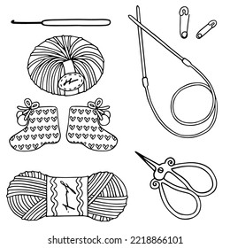 Linear sketches of paraphernalia for knitting.Various sewing accessories.Vector graphics.