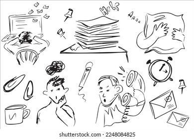 Linear sketches of stressed people in the workplace. Vector