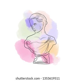 Linear sketching of marble statue of woman bust isolated in watercolor splashes. 