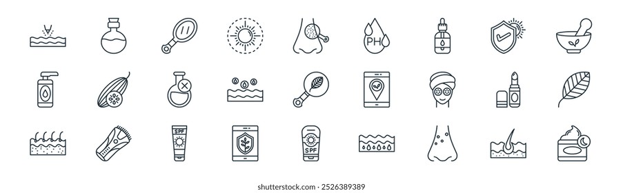 linear skincare icon pack. vector thin line tissue, body oil, hand mirror, sun protection, skin oil, leaf, sun protection, night cream icons suitable for apps and websites ui designs