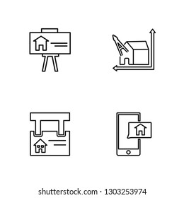 Linear Slides, Advertisement, Technical drawing, Support Vector Illustration Of 4 outline Icons. Editable Pack Of Slides, Advertisement, Technical drawing, Support