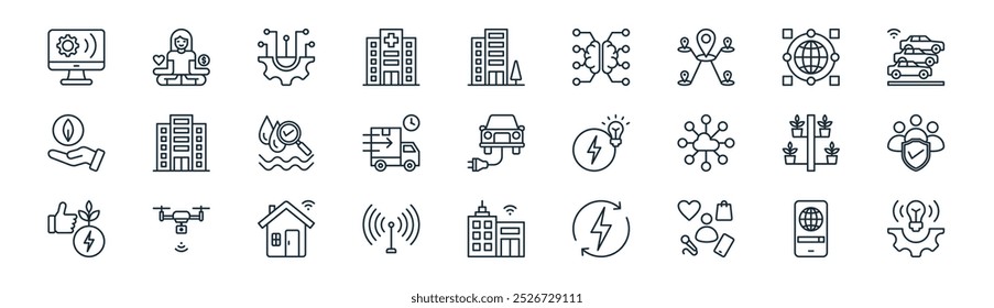 Vector de la línea fina del smartphone, bienestar, tecnología, Internet de las cosas, servicio de entrega, seguridad pública, ciudad inteligente, iconos innovadores convenientes para los App y los Sitios web