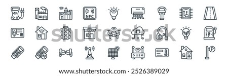 linear smart city icon pack. vector thin line home control, industry, smart city, microchip, retail, charging station, solar energy, parking area icons suitable for apps and websites ui designs