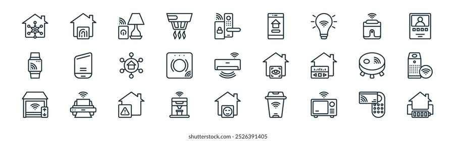 linear smart home icon pack. vector thin line key card, finger scan, lamp, rice cooker, alarm, air purifier, facial recognition, battery icons suitable for apps and websites ui designs