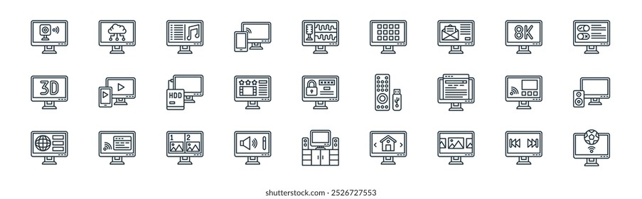 lineares Smart-TV-Symbolpaket. Vektor Thin Line Forward, Cloud Computing, Musik, Videoqualität, Home, Multimedia, Smart-TV, Fußball-Icons geeignet für Apps und Websites ui Designs