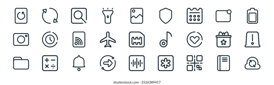 linear smart ui icon pack. vetor linha fina guia livro, sincronizar, encontrar, notificação, avião, alerta, registro, ícones de nuvem adequados para aplicativos e sites projetos de iu