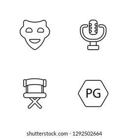 Linear Smile Mask, Director Chair, Studio Mic, PArental Guidance Vector Illustration Of 4 outline Icons. Editable Pack Of Smile Mask, Director Chair, Studio Mic, PArental Guidance