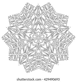 Linear snowflake shapes from triangles. Black-and-white abstraction