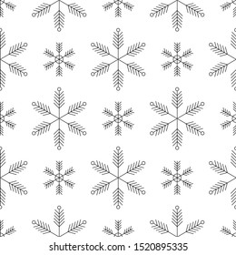 Linear snowflakes vector seamless pattern. Black and white.