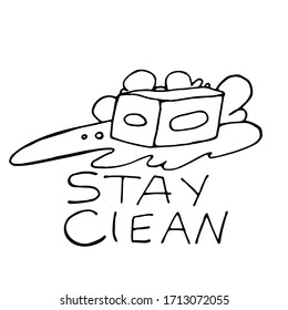 Linear soap in foam on a white background. Doodle hand wash illustration with the phrase "stay clean". Vector stock image for social networks, banners, design and signs.