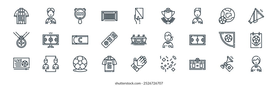 linear soccer world cup icon pack. vector thin line air horn, soccer player, timer, world cup, ticket, poster, goalkeeper, soccer player icons suitable for apps and websites ui designs