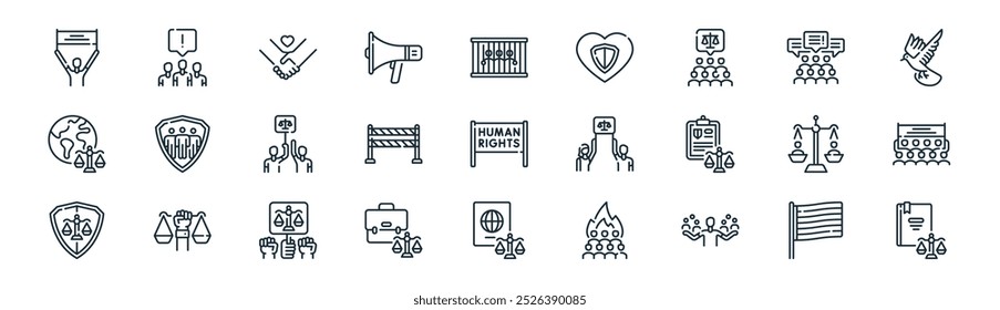 linear social justice icon pack. vector thin line rainbow flag, protest, handshake, protest, roadblock, protest, nationality, book icons suitable for apps and websites ui designs