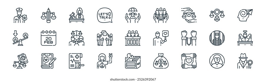 linear social justice icon pack. vector thin line anonymous woman, law education, judge, bt rights, debate, innocent, dumpster fire, detective icons suitable for apps and websites ui designs