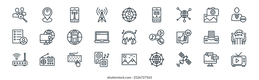 vetor de linha fina online chat, localização do mapa, rede móvel, fotografia, página da web, discussão, imagem, ícones de televisão adequados para aplicativos e sites ui designs