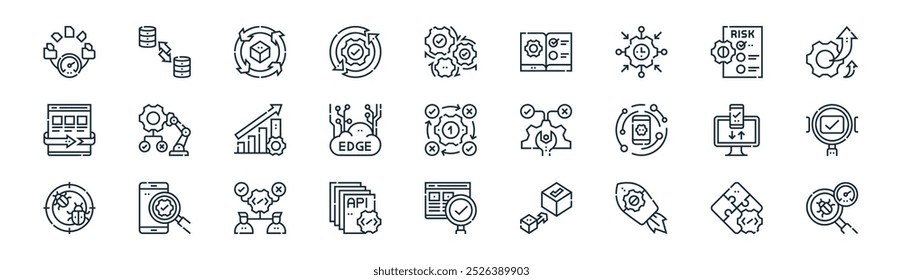 pacote de ícone de teste de software linear. integração de sistema de linha fina vetorial, migração de dados, teste, teste de software, computação de borda, fumaça, interface do usuário, ícones de teste adequados para aplicativos e sites ui