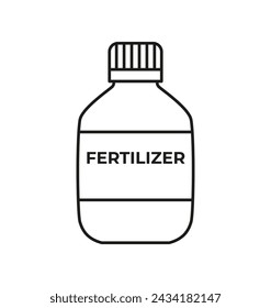 Linear soil fertilizer icon. Plastic bottle with fertilizer. Farming, gardening and agriculture. Black and white. Coloring page.