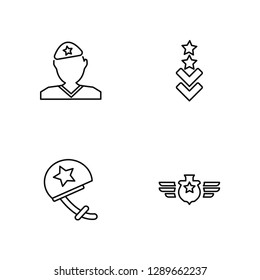 Linear Soldier, Helmet, Rank, Rank Vector Illustration Of 4 outline Icons. Editable Pack Of Soldier, Helmet, Rank, Rank