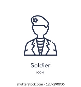 Linear soldier icon from Army and war outline collection. Thin line soldier vector isolated on white background. soldier trendy illustration
