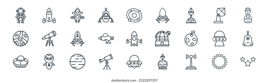 linear space icon pack. vector thin line sun, spaceship, rocket, satellite, rocket, alien, ufo, star icons suitable for apps and websites ui designs
