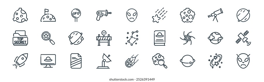 linear space icon pack. vector thin line galaxy, moon, ufo, telescope, do not cross, satellite, meteorite, alien icons suitable for apps and websites ui designs