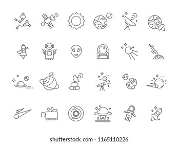 Linear space icons. Telescope shuttle astronauts at moon and various planets satellites. Vector mono line space pictures. Illustration of universe shuttle, ufo technology, star and asteroid line